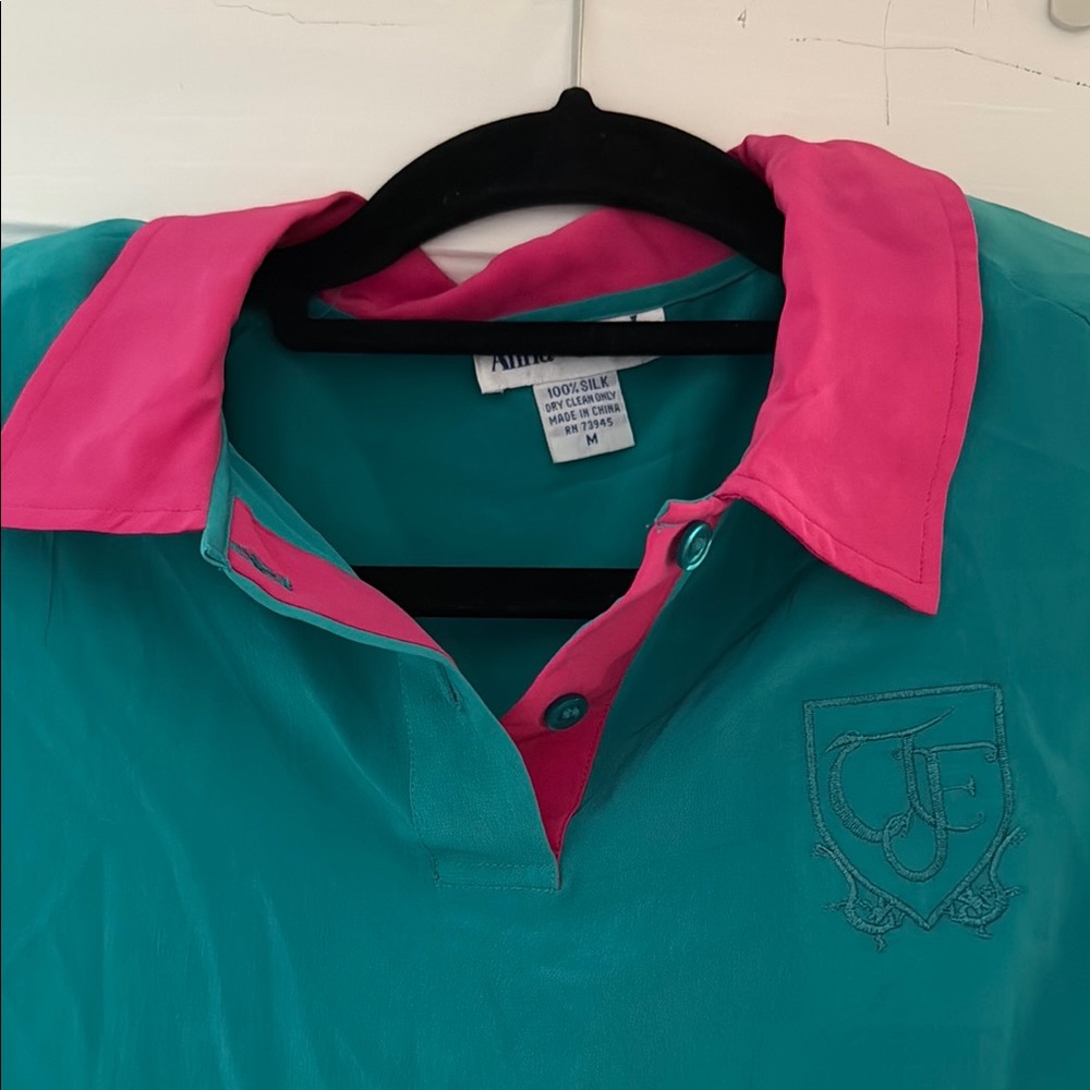 Vintage Teal Blouse with Pink Collar - Picture 2 of 13